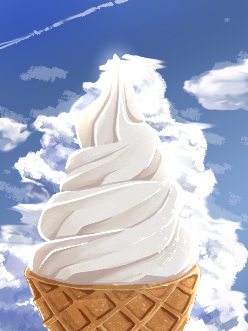 blue_sky clouds day food food_focus highres ice_cream ice_cream_cone kaneko_ryou no_humans original outdoors sky soft_serve still_life waffle_cone