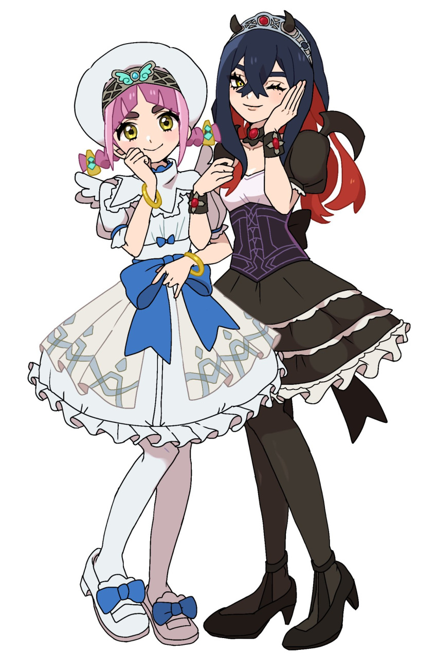 2girls ;) alternate_costume black_footwear black_hair blue_bow bow bracelet carmine_(pokemon) closed_mouth commentary_request dress eyelashes footwear_bow fu_(tk1189227dhy) hat high_heels highres jewelry lacey_(pokemon) long_hair multiple_girls one_eye_closed pantyhose pink_hair pokemon pokemon_sv shoes smile standing twintails white_dress white_footwear white_headwear white_pantyhose yellow_eyes