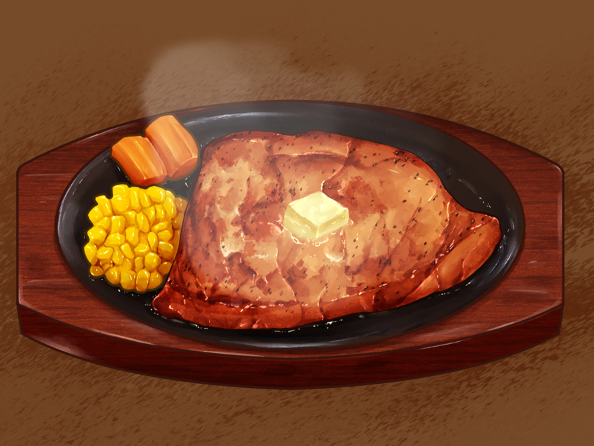 brown_background butter carrot corn food food_focus highres kaneko_ryou meat no_humans original steak steam still_life