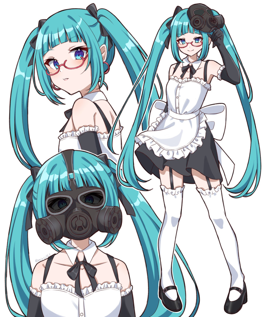 1girl alternate_costume aqua_eyes aqua_hair bare_shoulders bespectacled black_sleeves blue_eyes bow detached_sleeves earrings enmaided frilled_thighhighs frills garter_straps gas_mask glasses hatsune_miku highres jewelry long_hair looking_at_viewer maid mask mask_on_head mirumiru_(miru36i) sleeveless smile solo thigh-highs twintails very_long_hair vocaloid white_background white_bow