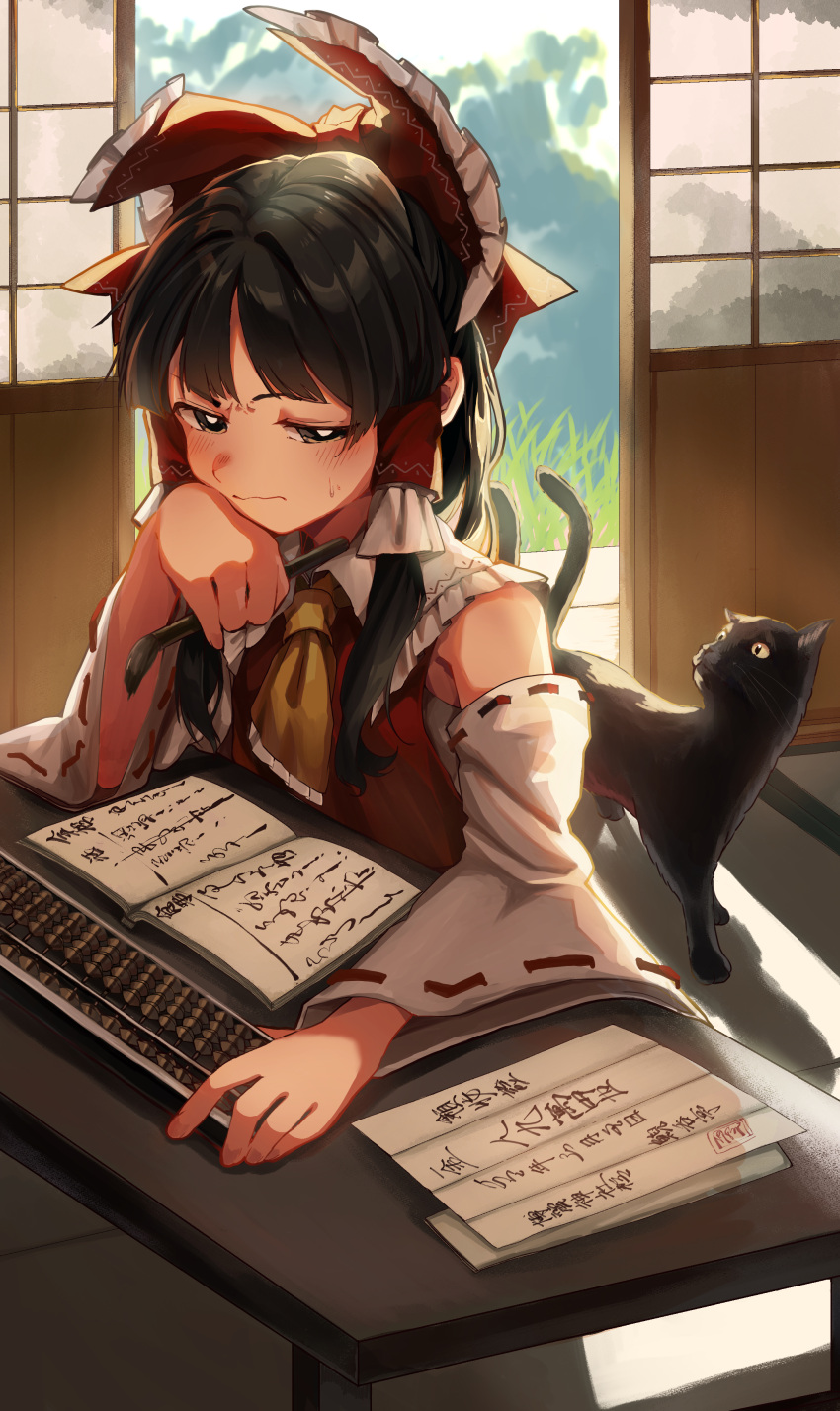 1girl absurdres animal bare_shoulders black_hair blush book bow brown_eyes cat closed_mouth detached_sleeves hair_bow hair_tubes hakurei_reimu highres indoors japanese_clothes long_hair matsukuzu nontraditional_miko open_book red_bow shouji sidelocks sliding_doors solo touhou white_sleeves wide_sleeves