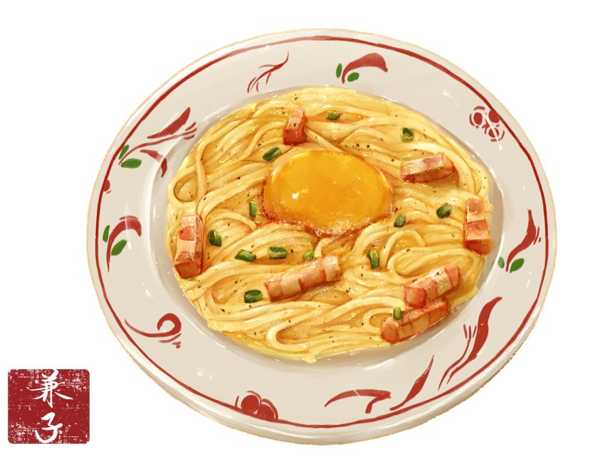bacon cheese food food_focus highres kaneko_ryou no_humans original pasta plate simple_background spaghetti still_life white_background