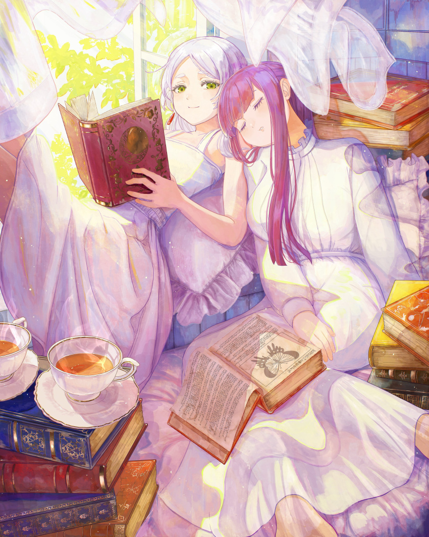 2girls absurdres bare_shoulders book book_stack closed_eyes cup curtains dress earrings fern_(sousou_no_frieren) frieren green_eyes head_on_another's_shoulder highres holding holding_book jewelry long_hair looking_at_viewer lying multiple_girls nakauma on_back open_book purple_hair saucer sitting sleeping sleeveless sleeveless_dress smile sousou_no_frieren teacup white_dress white_hair window