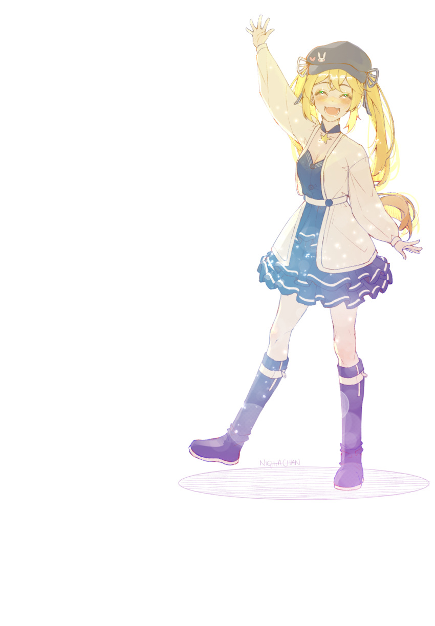 1girl arms_up baseball_cap black_dress black_footwear black_headwear blonde_hair blush boots closed_eyes commentary dokibird_(vtuber) dress english_commentary facing_viewer full_body hat highres indie_virtual_youtuber jacket knee_boots layered_dress long_hair nightachan open_clothes open_hand open_jacket open_mouth short_dress simple_background smile solo standing standing_on_one_leg twintails very_long_hair virtual_youtuber waving white_background white_jacket