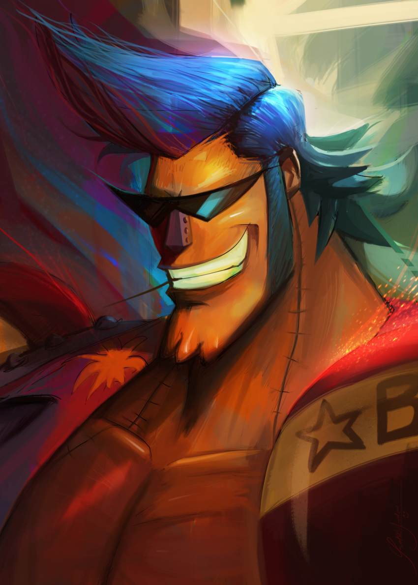 1boy blue_hair clenched_teeth collarbone commentary cyborg english_commentary franky_(one_piece) highres long_sideburns male_focus mouth_hold one_piece short_hair sideburns sixsage smile solo spiky_hair sunglasses teeth toothpick