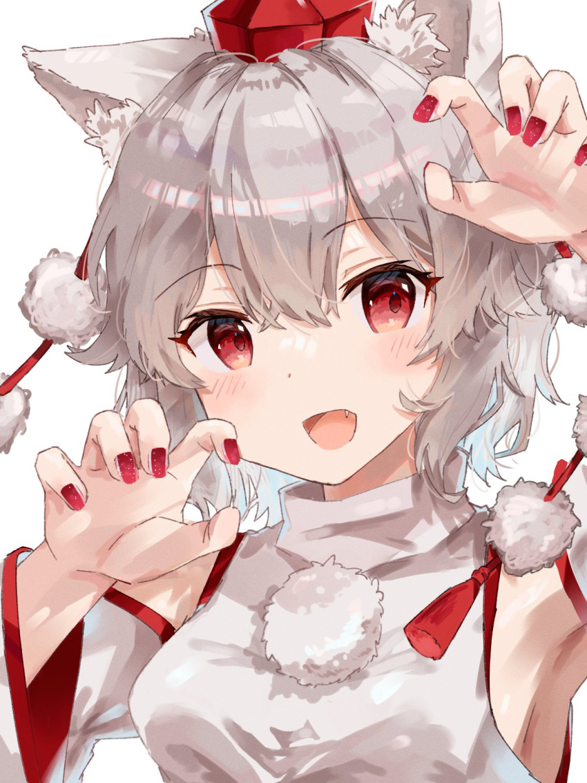 1girl :d animal_ear_fluff animal_ears armpits arms_up breasts claw_pose detached_sleeves fang hat highres inubashiri_momiji looking_at_viewer nail_polish nasub2929 open_mouth pom_pom_(clothes) red_eyes red_nails shirt short_hair simple_background smile solo tokin_hat touhou white_background white_hair white_shirt white_sleeves wolf_ears wolf_girl