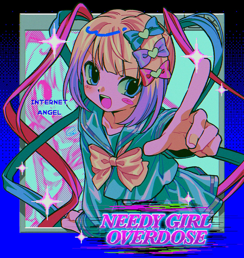 1girl blonde_hair blue_bow blue_eyes blue_hair bow chouzetsusaikawa_tenshi-chan hair_bow hair_ornament highres long_hair long_sleeves looking_at_viewer menma_(enaic31) multicolored_hair needy_girl_overdose open_mouth pink_bow pink_hair purple_bow quad_tails skirt solo twintails