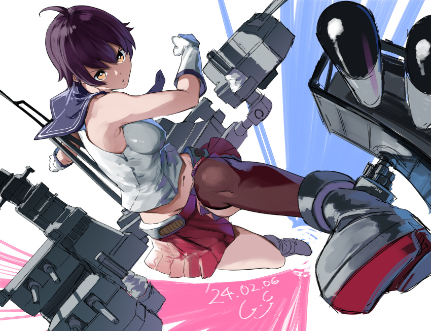 1girl adapted_turret ahoge anchor_symbol blush breasts brown_eyes cannon dated gegeron gloves highres kantai_collection looking_at_viewer machinery mast open_mouth pleated_skirt purple_hair red_skirt rigging sakawa_(kancolle) school_uniform serafuku short_hair signature single_thighhigh skirt sleeveless small_breasts smile smokestack solo thigh-highs torpedo torpedo_launcher torpedo_tubes turret white_background white_gloves