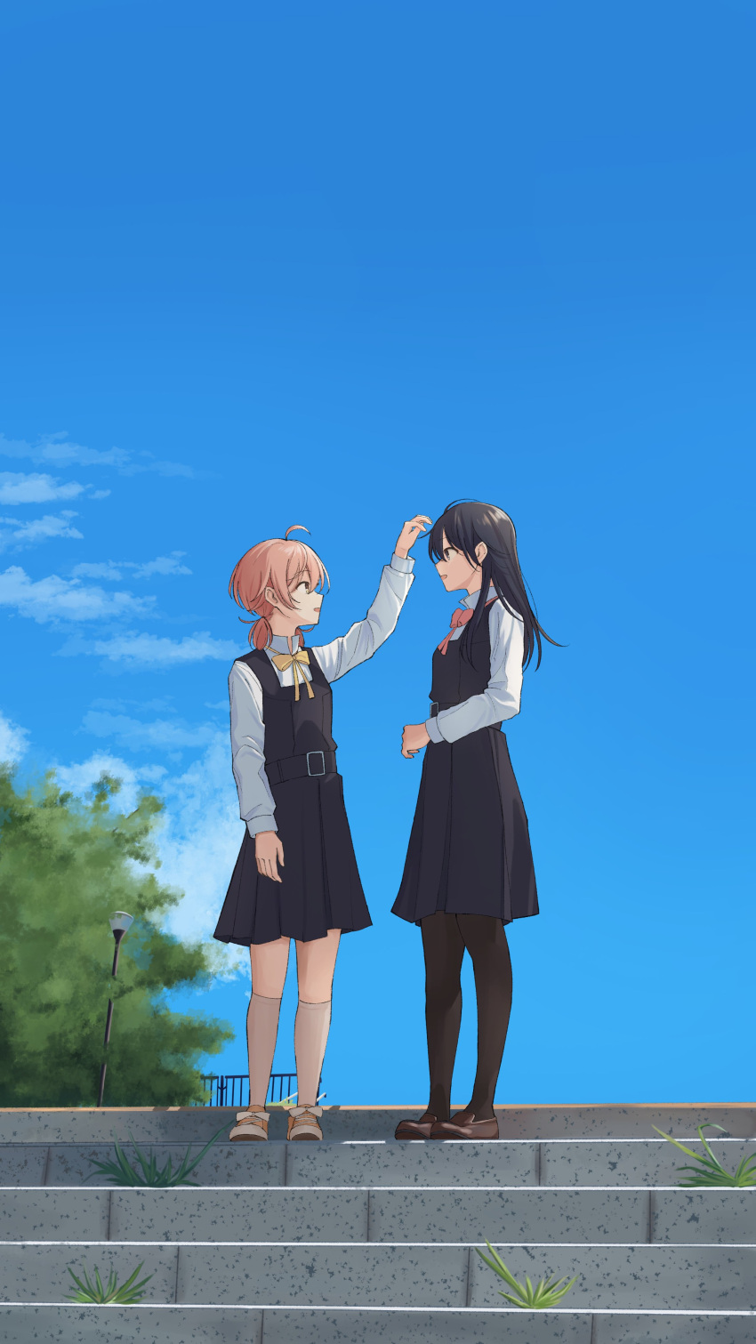 2girls absurdres ahoge belt black_belt black_dress black_eyes black_hair black_pantyhose blue_sky bow bowtie brown_eyes brown_footwear collared_shirt commentary day dress dress_shirt english_commentary full_body highres kneehighs koito_yuu lamppost loafers long_hair long_sleeves looking_at_another low_twintails multiple_girls nanami_touko open_mouth orange_footwear orange_hair outdoors pantyhose pinafore_dress railing red_bow red_bowtie school_uniform shanays shirt shoes short_hair short_twintails sky sleeveless sleeveless_dress socks standing tohmi_higashi_high_school_uniform twintails white_shirt white_socks yagate_kimi_ni_naru yellow_bow yellow_bowtie yuri