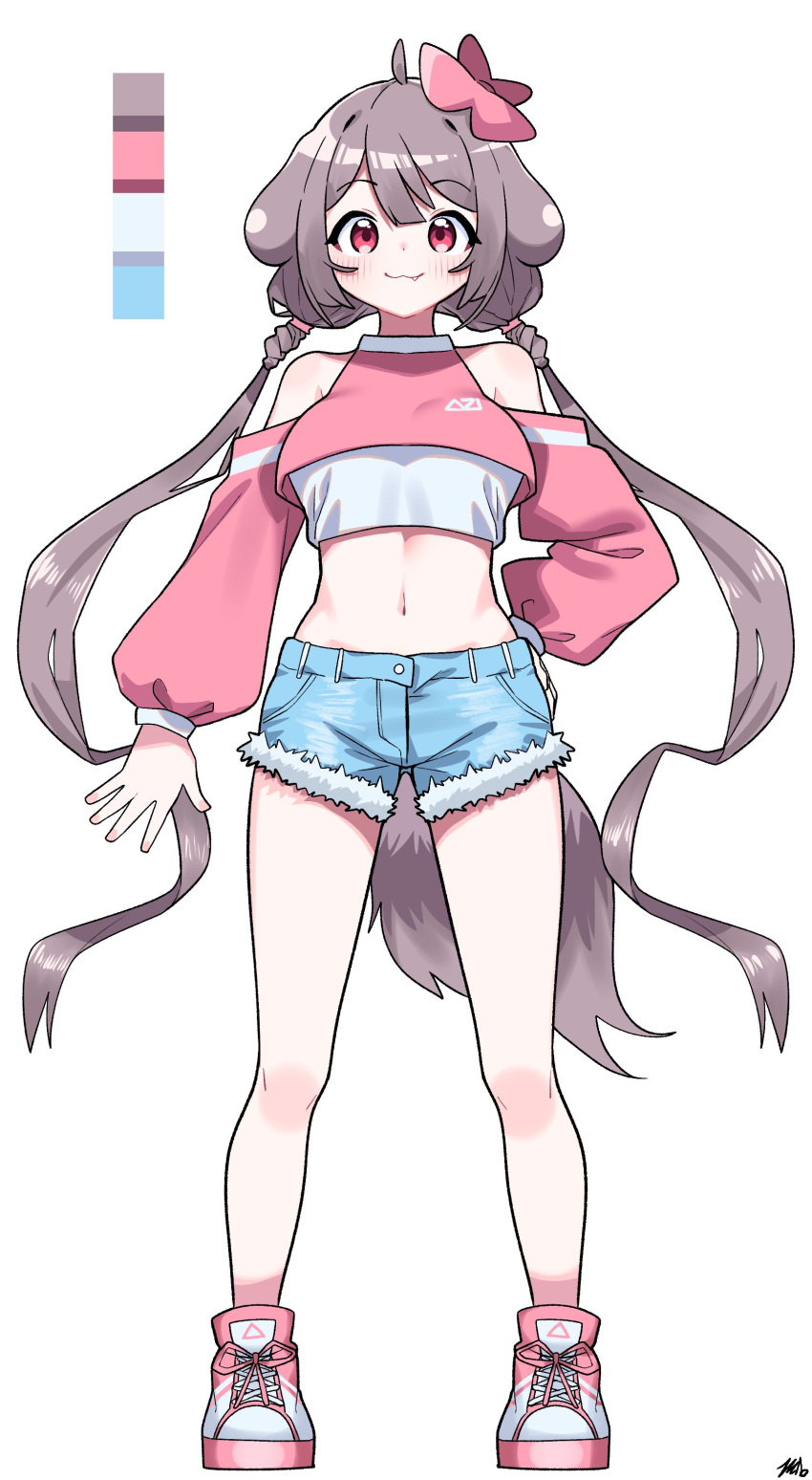 1girl :3 absurdres crop_top denim full_body grey_hair highres jeans low_twintails midriff navel pants pink_footwear pink_shirt real_life red_eyes shirt short_shorts shorts smile solo tagme tosyeo twintails yangazi_(dkwl025)