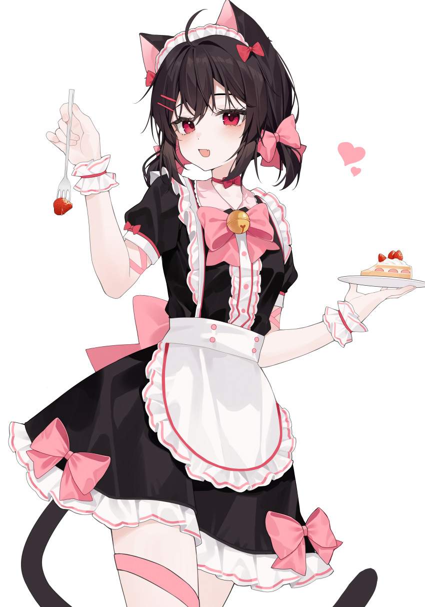 1girl absurdres ahoge animal_ears apron black_dress black_hair bow bowtie cake cat_ears cat_girl colored_inner_animal_ears commission dress english_commentary fang food fork frilled_apron frills fruit hair_between_eyes hair_bow heart highres holding holding_fork holding_plate looking_at_viewer maid maid_apron maid_headdress medium_hair multiple_hairpins open_mouth original pink_bow pixiv_commission plate red_bow red_eyes short_sleeves simple_background skin_fang solo strawberry strawberry_shortcake waist_apron white_apron white_background xiao_lin_jiu