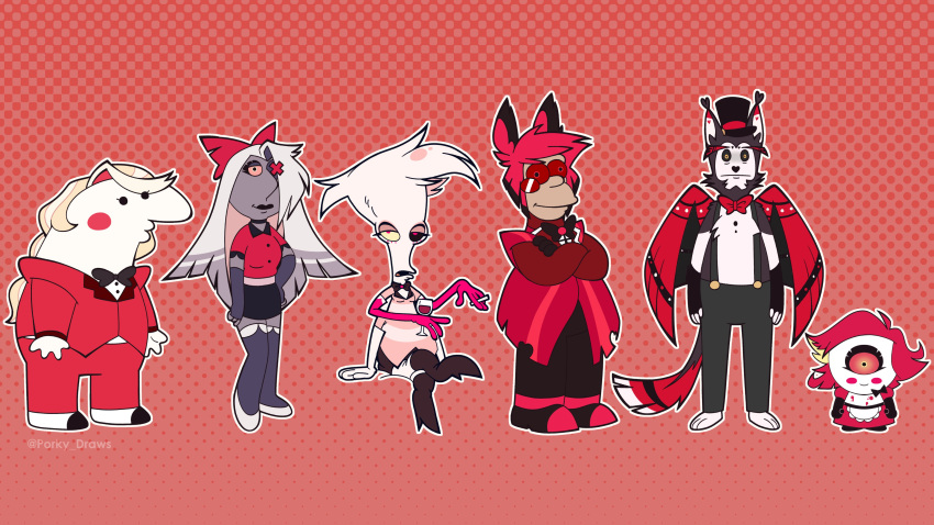 3boys 3girls absurdres alastor_(hazbin_hotel) american_dad! angel_dust animal_ears apron arm_at_side arm_support arms_at_sides belt black_belt black_bow black_bowtie black_choker black_footwear black_gloves black_hair black_headwear black_lips black_pants black_sclera black_shorts black_skirt black_wings blonde_hair blush_stickers bob's_burgers bob_belcher body_fur boots bow bowtie buttons cat_boy cat_ears charlie_dompler charlie_morningstar choker cigarette circle_facial_mark closed_mouth coat collared_shirt colored_inner_hair colored_sclera colored_skin commentary crossed_arms crossed_legs cup cyclops dress drinking_glass english_commentary extra_arms eyelashes eyepatch family_guy fingerless_gloves frilled_apron frills frown full_body fur-tipped_tail furry furry_male genre_connection gloves gradient_background grey_hair grey_skin hair_bow hair_over_one_eye half-closed_eye half-closed_eyes hat hazbin_hotel high_heel_boots high_heels highres holding holding_cigarette holding_cup homer_simpson husk_(hazbin_hotel) invisible_chair jacket lois_griffin long_hair long_sleeves looking_at_viewer mismatched_sclera monocle monster_boy monster_girl multicolored_hair multicolored_wings multiple_boys multiple_girls multiple_style_parody niffty_(hazbin_hotel) one-eyed open_mouth outline pants parody pink_background pink_belt pink_dress pink_eyes pink_gloves pink_hair pink_jacket pink_sclera polka_dot polka_dot_background porky_draws puffy_short_sleeves puffy_sleeves purple_gloves purple_thighhighs red-framed_eyewear red_bow red_bowtie red_coat red_eyes red_jacket red_pants red_sclera red_suit red_wings redhead roger_(american_dad) shirt shoes short_hair short_sleeves shorts simple_background sitting skirt smile smiling_friends solid_circle_eyes solid_eye south_park standing straight-on striped_clothes striped_coat striped_jacket style_parody suit suspenders tail the_simpsons thigh-highs thigh_boots top_hat torn_clothes torn_coat traditional_bowtie two-tone_fur two-tone_hair vaggie very_long_hair white_apron white_footwear white_fur white_gloves white_hair white_outline white_shirt wine_glass wing_collar wings yellow_eyes yellow_pupils yellow_sclera