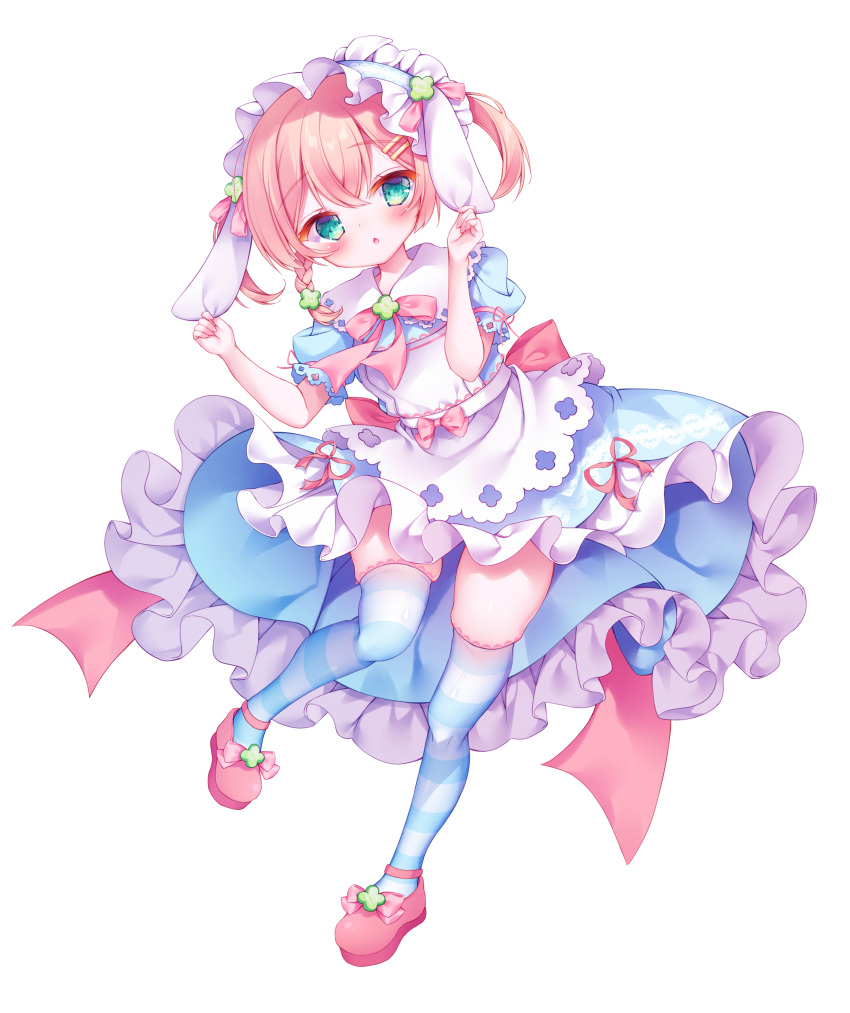 1girl absurdres amahane_yotsuha animal_ears apron blue_dress blue_hairband blush bow braid chestnut_mouth collared_dress dress floppy_ears frilled_dress frilled_hairband frills full_body fuxiyu grabbing_another's_ear green_eyes hair_between_eyes hairband hand_on_another's_ear hands_up highres light_brown_hair looking_at_viewer parted_lips pink_bow pink_footwear puffy_short_sleeves puffy_sleeves rabbit_ears shoes short_sleeves simple_background skindentation solo standing standing_on_one_leg striped_clothes striped_thighhighs thigh-highs twintails vgaming virtual_youtuber white_apron white_background