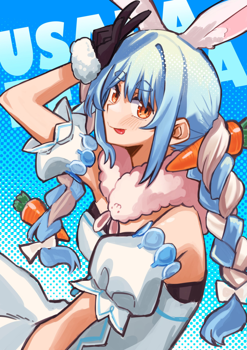 1girl absurdres animal_ears black_gloves blue_hair blush braid carrot character_name closed_mouth detached_sleeves dress gloves highres hololive kei_(hasukeii) long_hair looking_at_viewer orange_eyes rabbit_ears sidelocks solo strapless strapless_dress tongue tongue_out twin_braids upper_body usada_pekora usada_pekora_(1st_costume) virtual_youtuber w white_dress white_hair