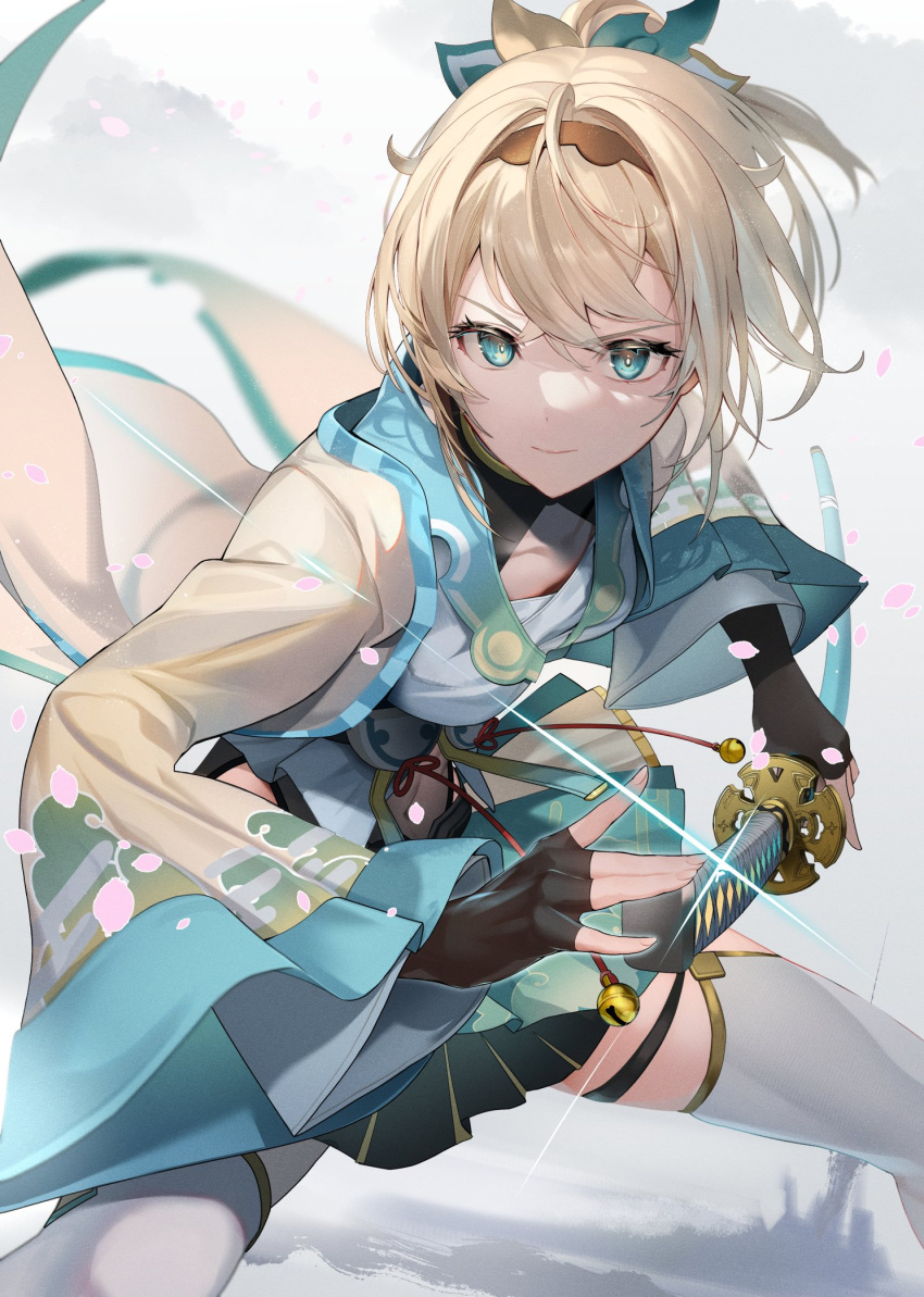 1girl alicecoco aqua_eyes black_gloves black_skirt blonde_hair chest_sarashi closed_mouth cloud_print commentary_request egasumi gloves hair_ornament haori highres holding holding_sword holding_weapon hololive japanese_clothes kazama_iroha kazama_iroha_(1st_costume) kimono leaf_hair_ornament long_sleeves looking_ahead ponytail samurai sarashi skirt solo sparkle sword sword_guard_stance thigh-highs virtual_youtuber weapon white_thighhighs wide_sleeves yellow_kimono