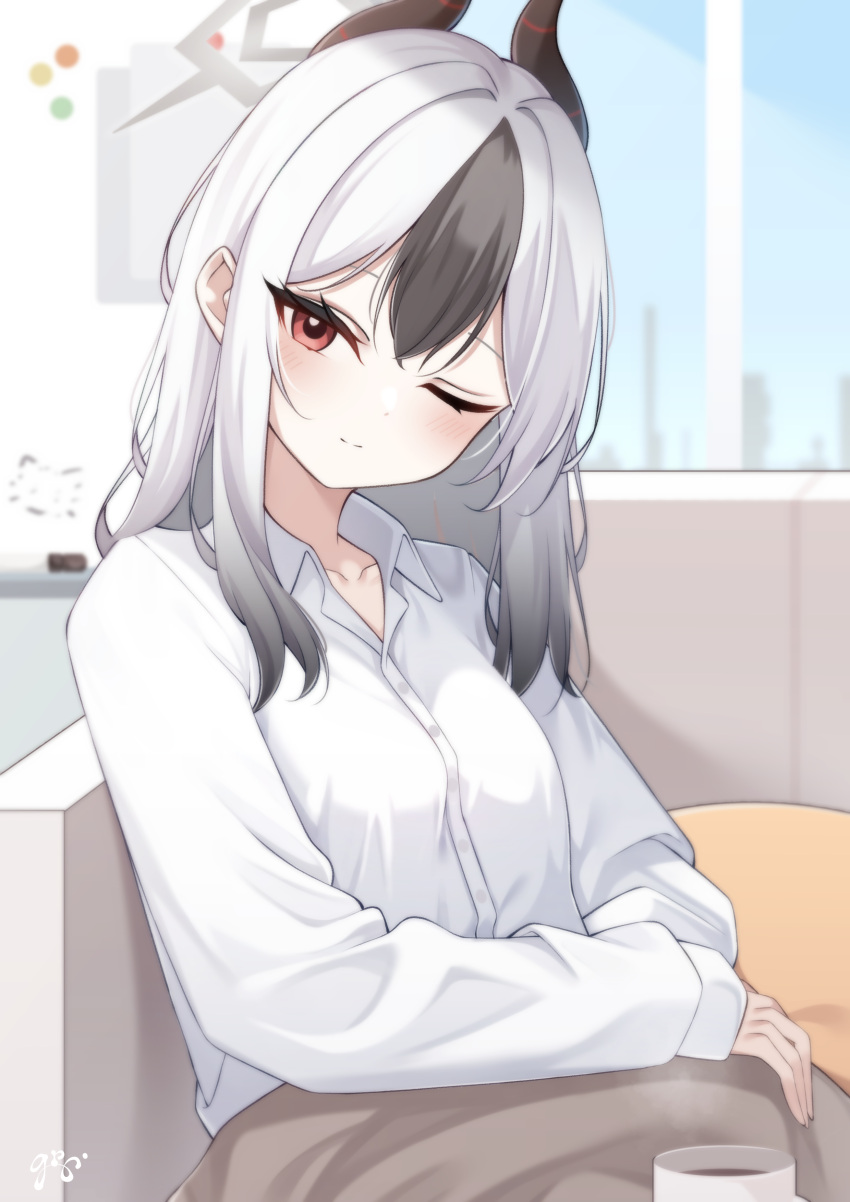 1girl absurdres alternate_costume black_hair black_horns blanket blue_archive blush closed_mouth collared_shirt cup day demon_horns grey_hair grey_halo guri_(gri1211) hair_between_eyes halo highres horns indoors kayoko_(blue_archive) long_hair long_sleeves looking_at_viewer mug multicolored_hair one_eye_closed red_eyes shirt sitting smile solo split_mouth white_hair white_shirt window