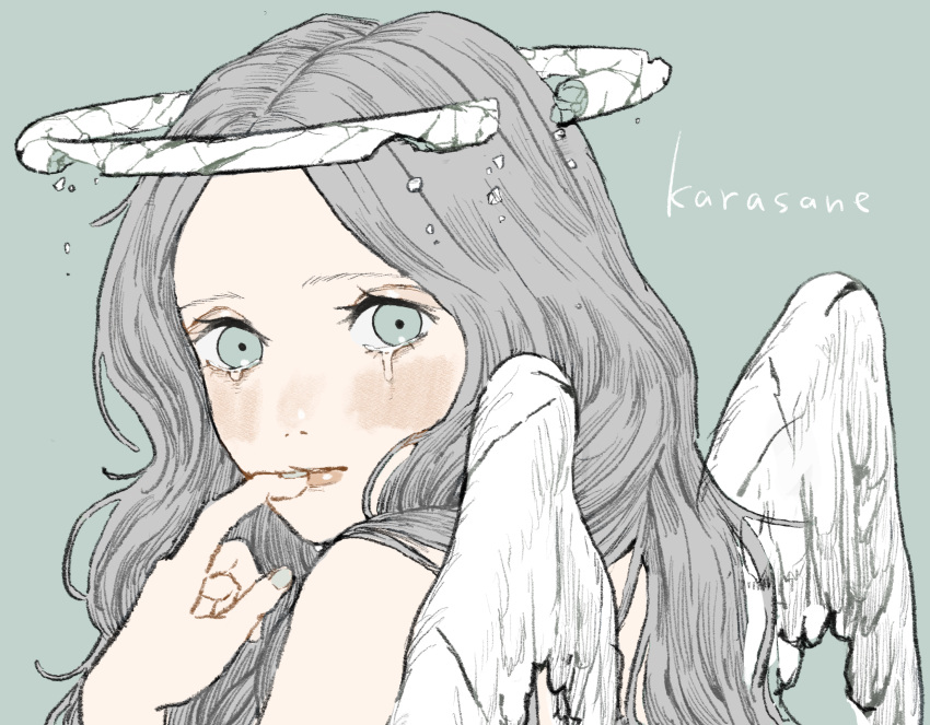 1girl angel angel_wings artist_name blue_eyes blush broken_halo commentary_request crying crying_with_eyes_open feathered_wings finger_to_mouth forehead from_behind grey_hair hair_over_shoulder halo hand_up highres karasane03 light_blue_background lips long_hair looking_at_viewer looking_to_the_side nose_blush original parted_hair pink_lips sad simple_background tears upper_body wavy_hair white_halo white_wings wings