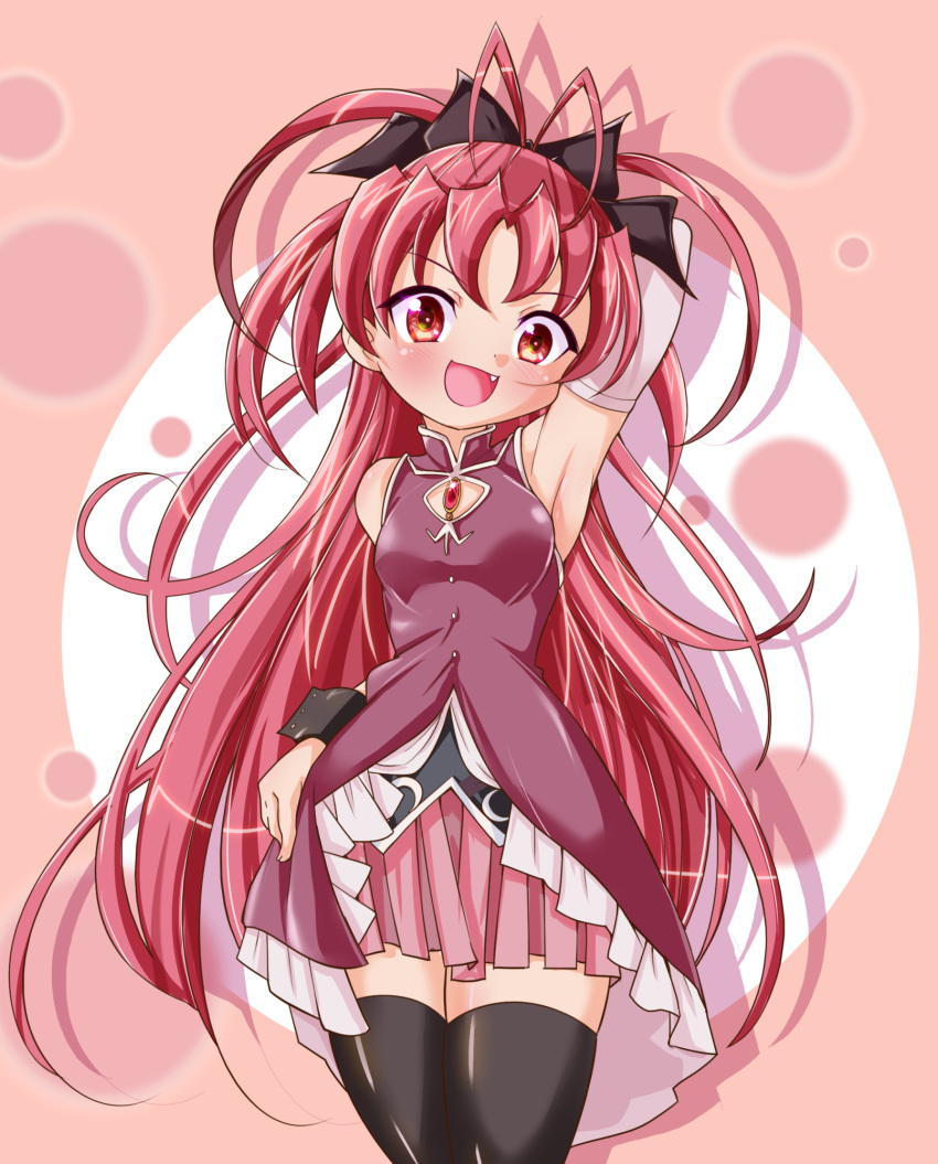 1girl :d arm_behind_head arm_up armpits black_thighhighs bow detached_sleeves fang hair_bow highres long_hair looking_at_viewer magical_girl mahou_shoujo_madoka_magica mahou_shoujo_madoka_magica_(anime) open_mouth ponytail red_eyes redhead sakura_kyoko skirt smile solo soul_gem thigh-highs yoppi98ro zettai_ryouiki