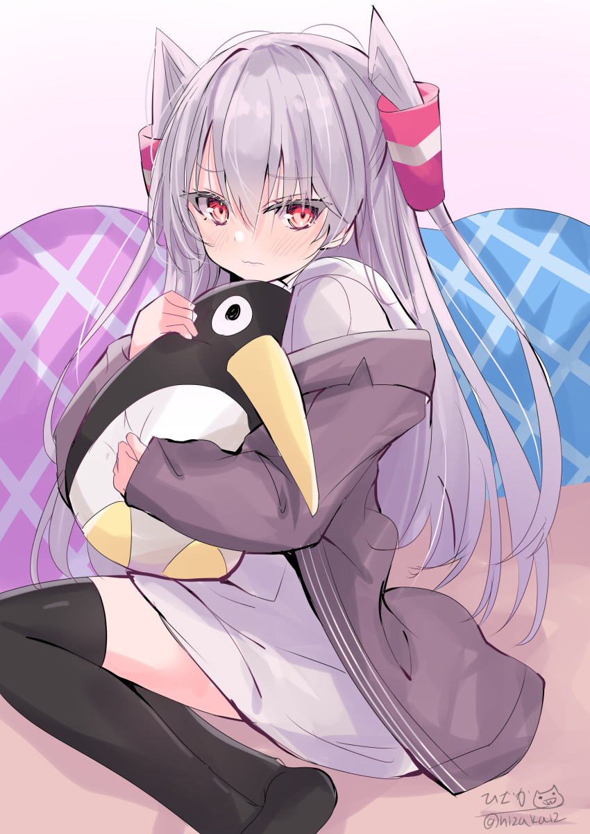 1girl absurdres amatsukaze_(kancolle) black_thighhighs dress failure_penguin grey_hair grey_jacket hair_tubes highres hizaka hugging_doll hugging_object jacket kantai_collection long_hair looking_at_viewer official_alternate_costume pillow red_eyes sailor_dress solo stuffed_animal stuffed_penguin stuffed_toy thigh-highs two_side_up white_dress