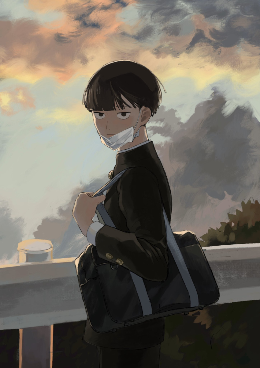 1boy bag black_hair blunt_bangs bowl_cut closed_mouth clouds cloudy_sky cowboy_shot day floating_hair from_side gakuran guard_rail hand_up highres jacket kageyama_shigeo long_sleeves looking_at_viewer looking_to_the_side male_focus mask mask_pull mob_psycho_100 mouth_mask nemakkki outdoors pants plant railing school_bag school_uniform short_hair sky solo