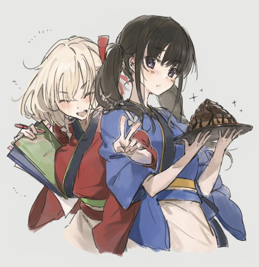 2girls black_hair blonde_hair blue_kimono blush breasts closed_mouth commentary cowboy_shot cropped_legs grey_background hair_ribbon hashtag_only_commentary highres holding holding_plate inoue_takina japanese_clothes kimono large_breasts locked_arms lone_nape_hair long_hair looking_at_viewer lycoris_recoil multiple_girls nishikigi_chisato official_alternate_costume one_side_up open_mouth plate poop_parfait red_kimono red_ribbon ribbon shigure_(shigure_43) short_hair short_sleeves sidelocks simple_background sparkle tasuki teeth twintails upper_teeth_only v violet_eyes