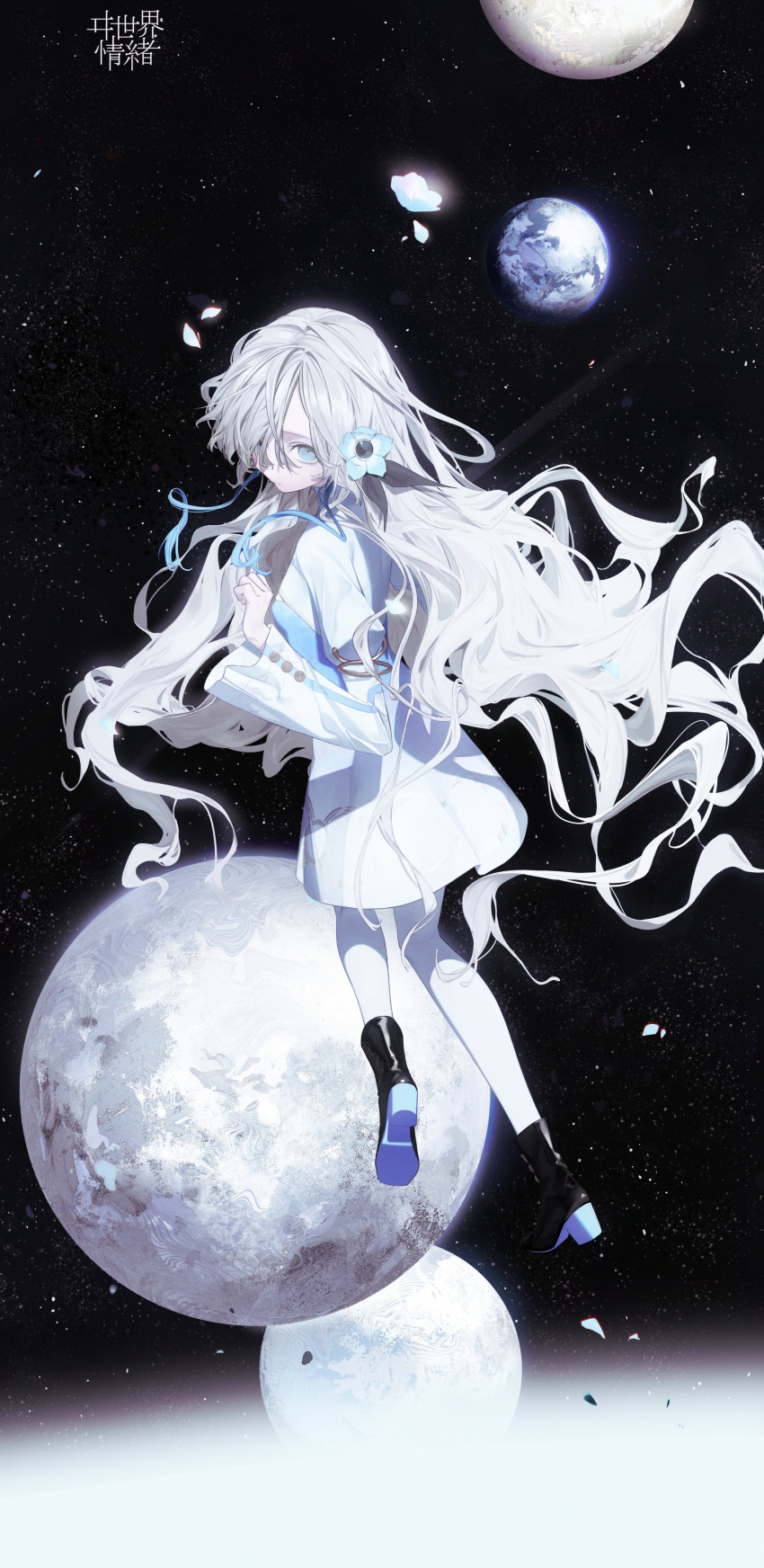 1girl absurdres blue_dress blue_eyes blue_flower boots dress earth_(planet) floating floating_hair flower full_body grey_hair hair_flower hair_ornament hair_over_one_eye high_heel_boots high_heels highres isekai_joucho jiyeeey kamitsubaki_studio long_hair looking_at_viewer looking_back moon multicolored_hair pantyhose planet solo space star_(sky) two-tone_dress two-tone_hair very_long_hair virtual_youtuber white_dress white_pantyhose