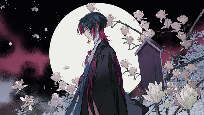 1boy absurdres aun_no_beats_(vocaloid) black_hair black_jacket branch character_request closed_mouth earrings falling_flower flower from_side full_moon haruno_taku highres indie_utaite jacket japanese_clothes jewelry kimono light_particles long_sleeves male_focus moon multicolored_hair necklace pendant petals profile purple_hair single_earring solo tassel tassel_earrings two-tone_hair upper_body utaite white_flower