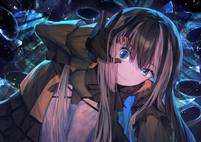 1girl absurdres bent_over black_gloves black_hair blue_eyes closed_mouth dress eye_focus frilled_dress frilled_sleeves frills from_below gloves hair_between_eyes hair_flowing_over hand_in_own_hair highres hololive hololive_dev_is juufuutei_raden long_hair looking_at_viewer multicolored_hair ok_sign ok_sign_over_eye smile solar_torch solo streaked_hair virtual_youtuber
