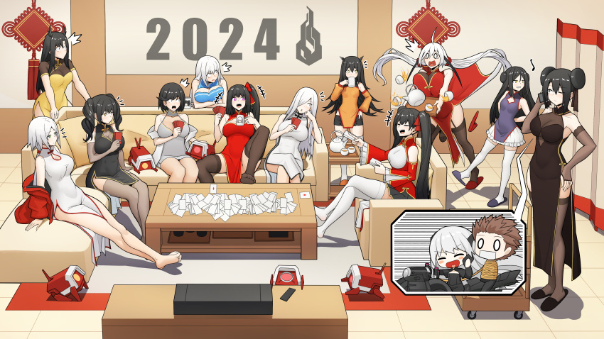 1boy 6+girls absurdres agent_(girls'_frontline) ahoge alchemist_(girls'_frontline) alternate_costume architect_(girls'_frontline) beak_(girls'_frontline) black_hair blush breasts brown_hair chibi china_dress chinese_clothes chinese_new_year commander_(girls'_frontline) cup dinergate_(girls'_frontline) double_bun dreamer_(girls'_frontline) dress drinking executioner_(girls'_frontline) frills gager_(girls'_frontline) gaia_(girls'_frontline) girls_frontline hair_bun hair_over_one_eye happy_new_year hebai_xiaochuan highres hunter_(girls'_frontline) intruder_(girls'_frontline) judge_(girls'_frontline) large_breasts long_hair low_twintails medium_breasts medium_hair multicolored_hair multiple_girls new_year ouroboros_(girls'_frontline) pink_eyes sangvis_ferri scarecrow_(girls'_frontline) short_hair sidelocks small_breasts streaked_hair tea teacup teapot thigh-highs twintails very_long_hair