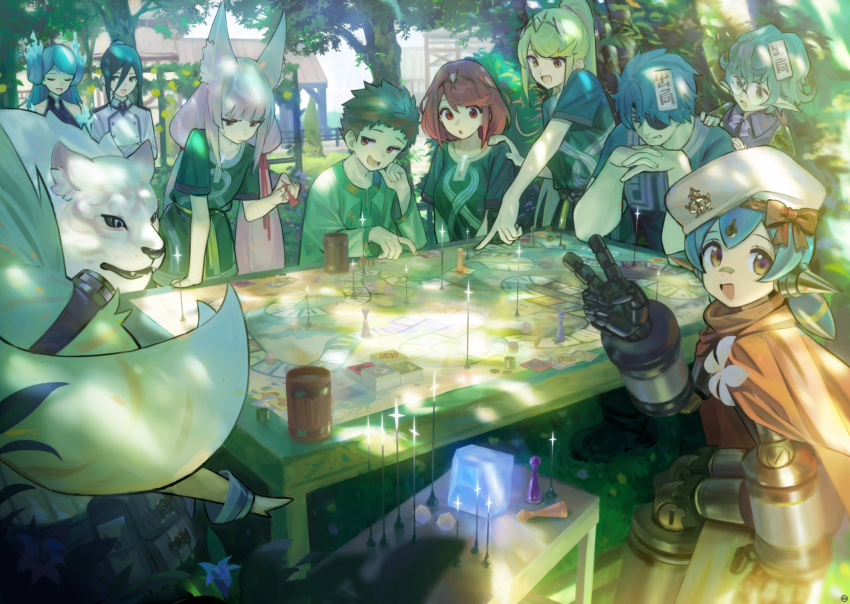 3boys 6+girls android animal animal_ear_fluff animal_ears black_hair blue_flower blue_hair bow breasts brighid_(xenoblade) brown_hair closed_eyes day dromarch_(xenoblade) eyepatch fiery_hair flower glasses green_hair hair_between_eyes hat highres interlocked_fingers joints long_sleeves looking_at_viewer morag_ladair_(xenoblade) multiple_boys multiple_girls mythra_(xenoblade) nia_(xenoblade) open_mouth outdoors pandoria_(xenoblade) pointing ponytail poppi_(xenoblade) poppi_alpha_(xenoblade) pyra_(xenoblade) red_bow red_eyes redhead rex_(xenoblade) robot_ears robot_joints round_eyewear short_hair short_sleeves songchuan_li sweat table tora_(xenoblade_2) tree v white_flower xenoblade_chronicles_(series) xenoblade_chronicles_2 zeke_von_genbu_(xenoblade)