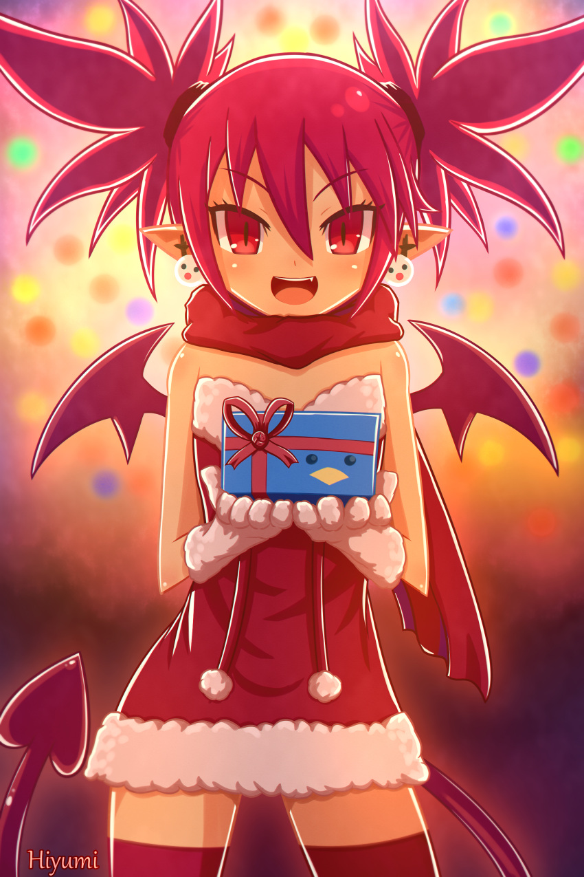 1girl absurdres box christmas cowboy_shot demon_girl demon_tail demon_wings disgaea dress earrings etna_(disgaea) gift gift_box gloves highres hiyumi_x holding holding_gift jewelry looking_at_viewer makai_senki_disgaea open_mouth pointy_ears red_dress red_eyes red_thighhighs redhead santa_dress scarf smile solo tail thigh-highs twintails wings