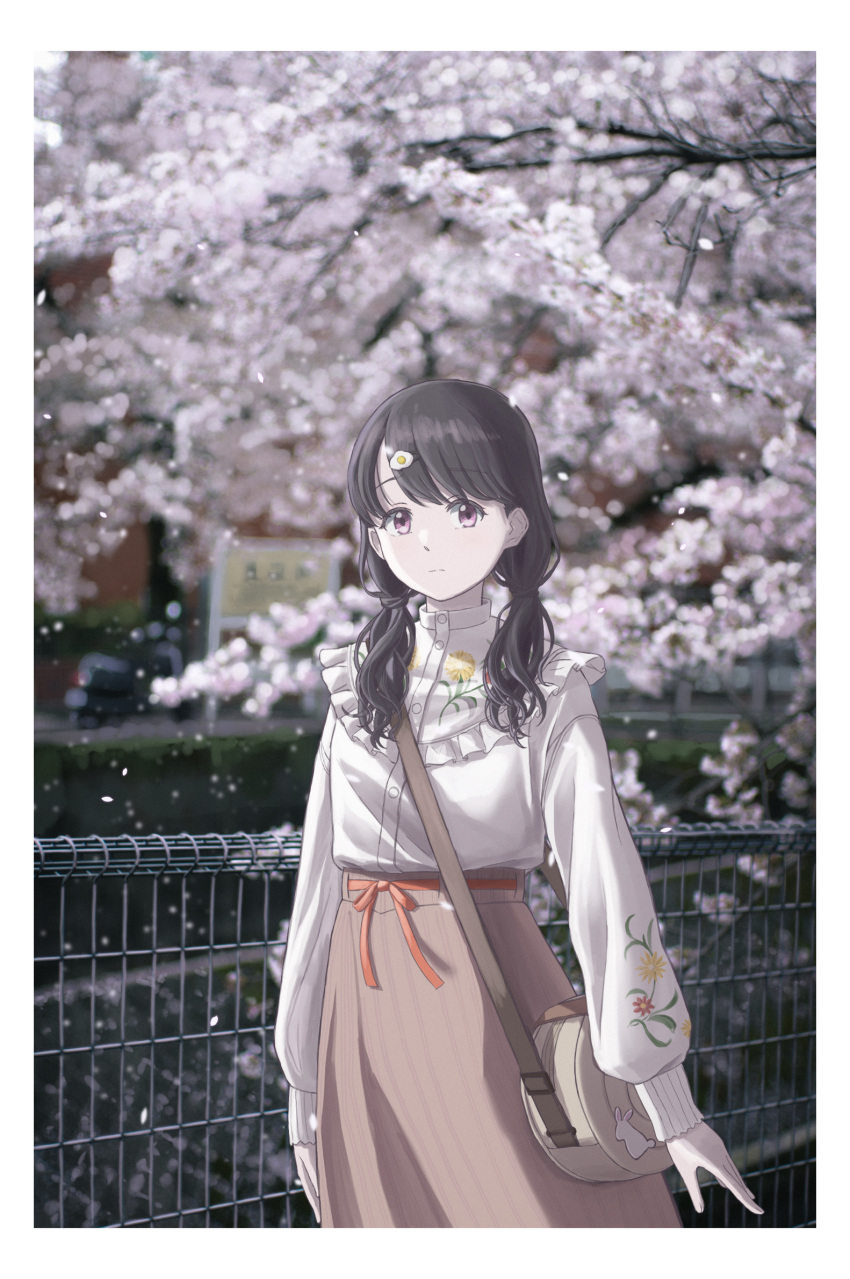 1girl bag black_hair cherry_blossoms commentary_request food-themed_hair_ornament fukumaru_koito hair_ornament hairclip highres idolmaster idolmaster_shiny_colors long_hair long_skirt long_sleeves looking_at_viewer low_twintails petals shirt shoulder_bag skirt solo swept_bangs t_takahashi_(ixtl416) twintails violet_eyes white_shirt