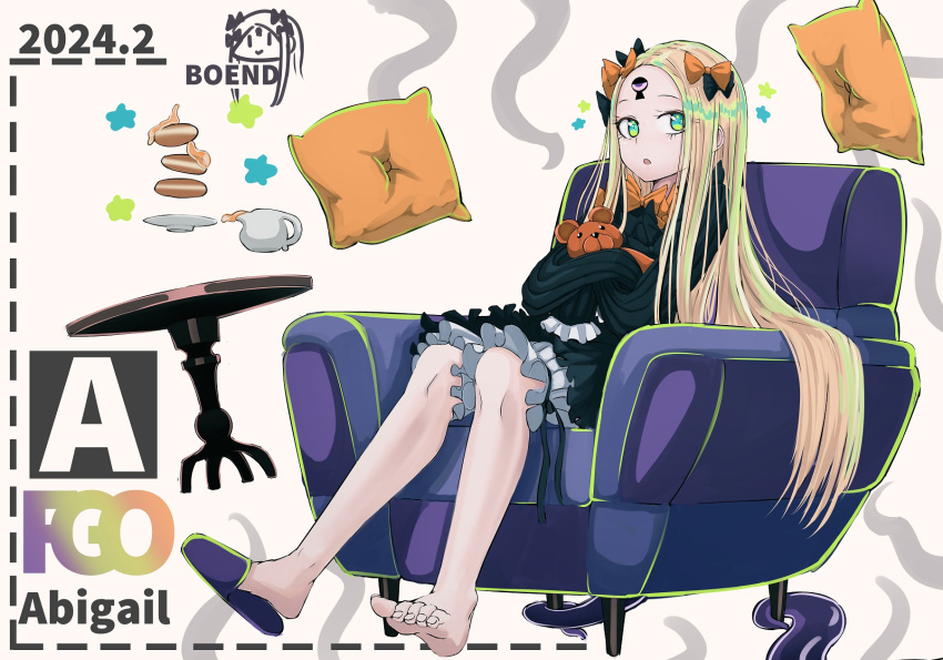 1girl abigail_williams_(fate) b.d black_bow blonde_hair bloomers blue_eyes bow character_name commentary dress fate/grand_order fate_(series) food forehead hair_bow highres holding holding_stuffed_toy keyhole long_hair long_sleeves multiple_hair_bows on_chair orange_bow pancake parted_bangs pillow simple_background single_barefoot sitting sleeves_past_fingers sleeves_past_wrists slippers solo star_(symbol) stuffed_animal stuffed_toy syrup table teddy_bear tentacles third_eye very_long_hair white_bloomers