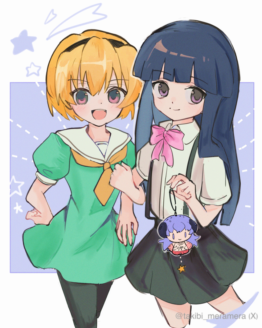 2girls artist_name black_hairband black_skirt black_thighhighs blonde_hair blue_background blunt_bangs border bow character_keychain chya_dan_go12 closed_mouth collared_shirt furude_rika green_shirt hairband hand_on_another's_arm hand_on_own_hip hanyuu highres higurashi_no_naku_koro_ni holding houjou_satoko inset_border keychain long_hair looking_at_viewer looking_to_the_side multiple_girls neckerchief open_mouth overall_skirt pink_bow red_eyes sailor_collar shirt short_hair sidelocks skirt smile star_(symbol) thigh-highs twitter_username violet_eyes white_border white_sailor_collar white_shirt yellow_neckerchief
