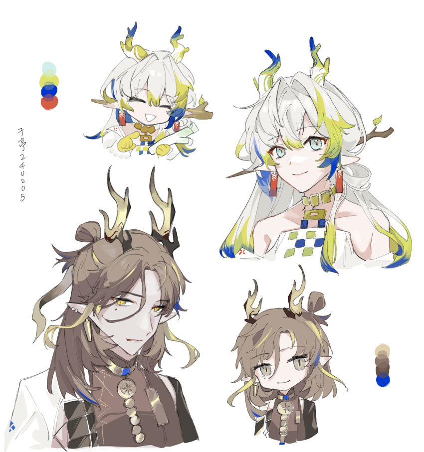 1boy 1girl :| arknights arms_at_sides bare_shoulders blue_eyes blue_hair brother_and_sister brown_hair brown_jacket closed_eyes closed_mouth collarbone collared_jacket color_guide cropped_torso dated dragon_boy dragon_girl dragon_horns earrings facing_viewer food green_hair grey_hair hair_between_eyes hair_bun hair_intakes head_tilt highres holding holding_food holding_spring_onion holding_vegetable horns index_finger_raised jacket jewelry long_hair looking_at_viewer mole mole_under_eye multicolored_hair multiple_views necklace orange_eyes pointing pointy_ears shirt shu_(arknights) siblings sidelocks simple_background smile spring_onion strapless strapless_shirt streaked_hair tassel tassel_earrings vegetable white_background white_shirt zhi_(arknights) zi_ting_(tingye80163)