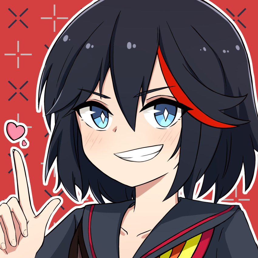 1girl black_hair black_sailor_collar black_shirt blue_eyes blush collarbone commentary_request grin hair_between_eyes hand_up heart highres index_finger_raised kill_la_kill looking_at_viewer matoi_ryuuko multicolored_hair outline red_background redhead rock_zinc sailor_collar shirt smile solo streaked_hair upper_body white_outline