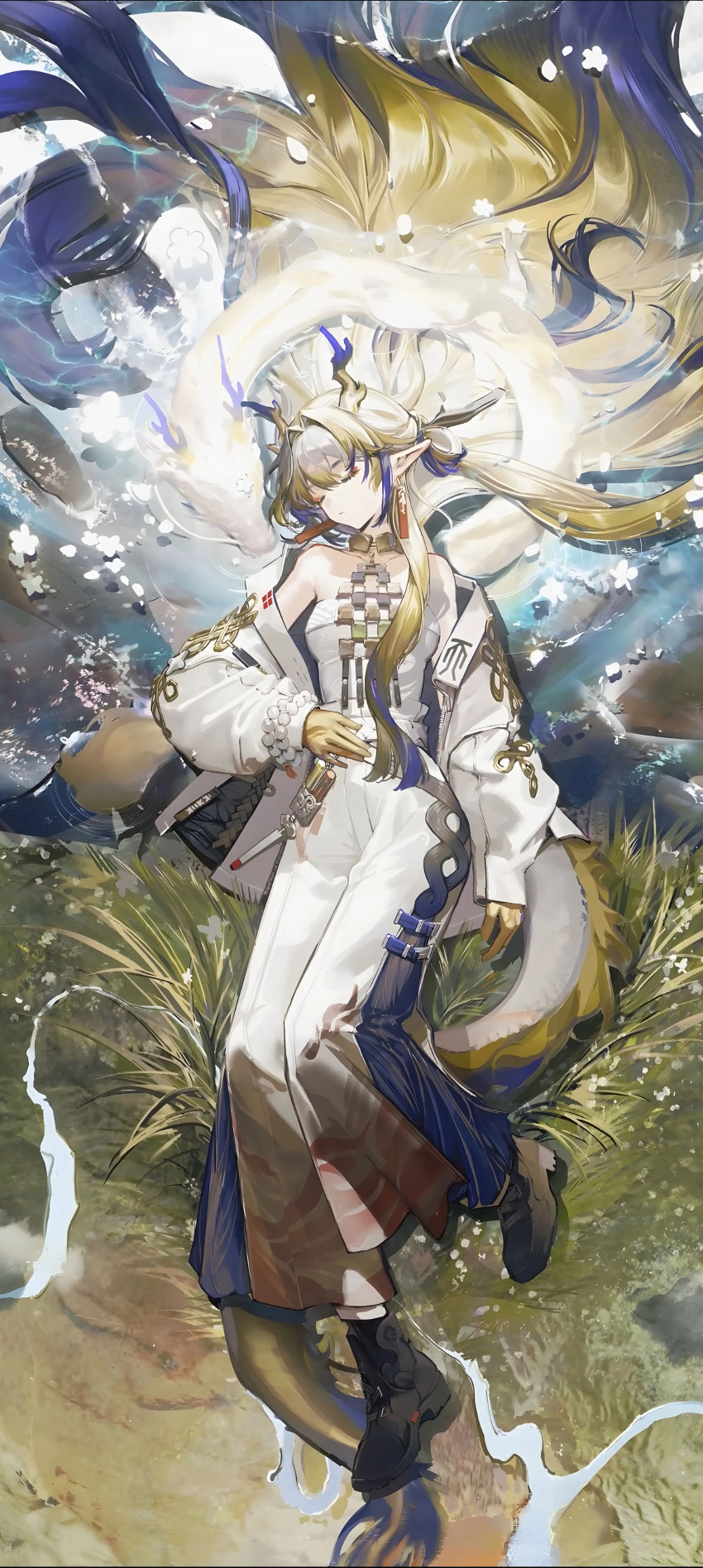 1girl absurdres arknights biancheng_guafu_shi_wa_daxi_de_mingyun closed_eyes earrings field full_body hair_spread_out highres horns jacket jewelry lake long_hair multicolored_hair pointy_ears shirt shu_(arknights) solo very_long_hair white_jacket white_shirt