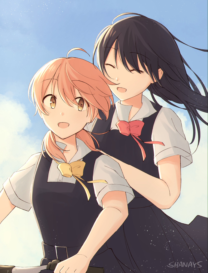 2girls ^_^ absurdres ahoge artist_name bicycle black_dress black_hair blue_sky bow bowtie brown_eyes brown_hair closed_eyes collared_shirt dress dress_shirt floating_hair hair_between_eyes highres koito_yuu light_particles long_hair low_twintails multiple_girls multiple_riders nanami_touko open_mouth pinafore_dress pleated_dress red_bow red_bowtie riding riding_bicycle shanays shirt shirt_slip short_hair short_sleeves short_twintails sky sleeveless sleeveless_dress smile twintails white_shirt yagate_kimi_ni_naru yellow_bow yellow_bowtie yuri