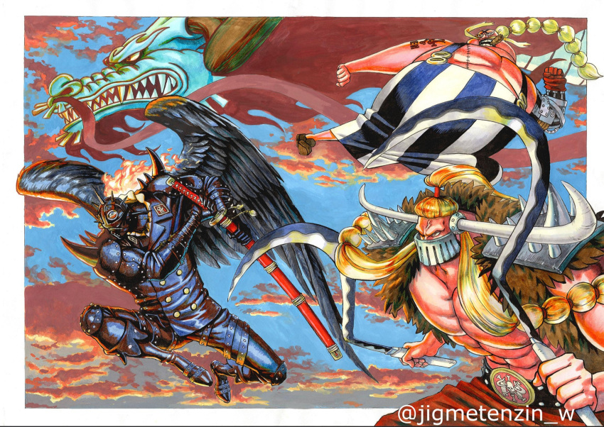 4boys angry black_wings blonde_hair blue_sky cigar clouds cloudy_sky dragon eastern_dragon fat fighting_stance fire gimp_mask highres holding holding_sickle holding_sword holding_weapon horns jack_(one_piece) jigme_tenzin_wangchuk jumping kaidou_(one_piece) king_(one_piece) leather_suit long_hair low_twintails male_focus marker_(medium) mask mouth_mask multiple_boys muscular muscular_male one_piece open_clothes ponytail prosthesis prosthetic_arm queen_(one_piece) scar scar_on_chest sharp_teeth shoulder_spikes shoulder_tattoo skull_and_crossbones sky spikes sunset sword tattoo teeth traditional_media twintails twitter_username weapon wings