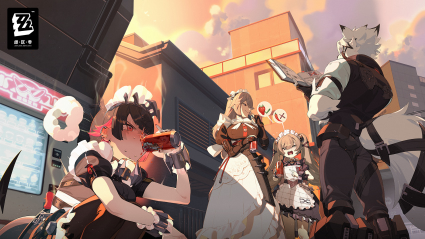 &gt;_&lt; 1boy 3girls alexandrina_sebastiane artist_request black_dress black_hair black_pants book breasts can city corin_wickes day dress drinking ear_piercing ellen_joe food food_on_face furry furry_male highres holding holding_book holding_can large_breasts long_hair maid_headdress multicolored_hair multiple_girls official_art open_book open_mouth outdoors pants piercing red_eyes red_nails redhead second-party_source short_hair short_sleeves sitting spoken_food standing steam streaked_hair tail tearing_up twintails von_lycaon wrist_cuffs zenless_zone_zero
