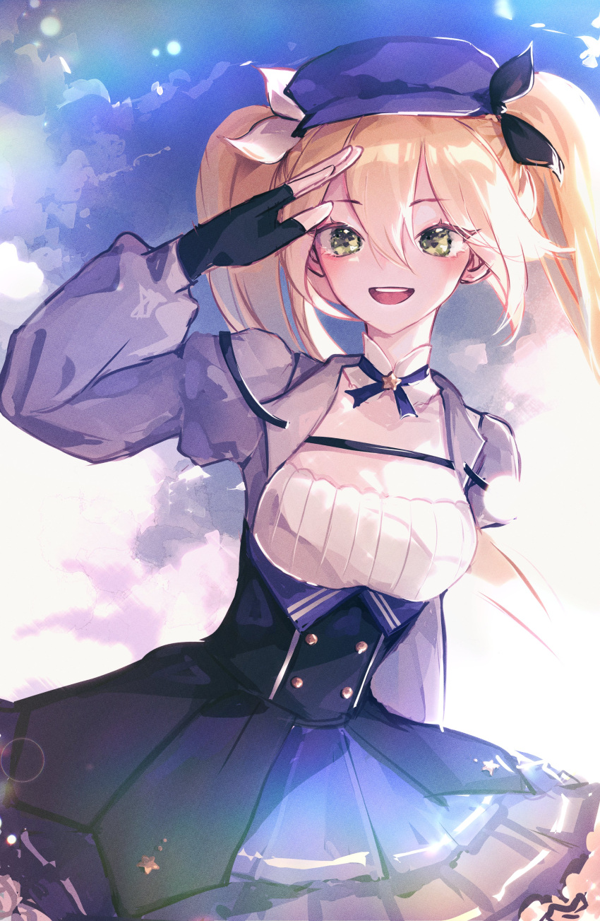 1girl absurdres arms_up black_gloves blonde_hair blue_ribbon blue_sky blush breasts choker clouds cloudy_sky commentary cowboy_shot day detached_collar dokibird_(vtuber) dress fingerless_gloves gloves green_eyes grey_jacket hair_between_eyes hair_ribbon hat highres indie_virtual_youtuber jacket long_hair long_sleeves looking_at_viewer medium_breasts newcie open_clothes open_jacket open_mouth outdoors ribbon salute sky smile solo standing star_(symbol) star_choker very_long_hair virtual_youtuber
