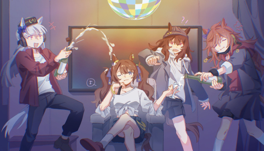 4girls :d ;) animal_ears beanie bike_shorts bike_shorts_under_skirt black_jacket black_shorts blunt_bangs bottle bow brown_hair brown_headwear chinese_commentary commentary_request crossed_legs cup disco_ball drinking_glass ear_bow ears_through_headwear feet_out_of_frame gold_ship_(umamusume) grey_hair grey_headwear grey_jacket grey_skirt hat heichicc47 highres holding holding_bottle holding_cup horse_ears horse_girl horse_tail jacket long_hair looking_at_another looking_at_viewer messy_hair multiple_girls musical_note nakayama_festa_(umamusume) one_eye_closed orfevre_(umamusume) pants pillbox_hat purple_bow red_jacket red_sweater shirt shorts sitting skirt smile socks spoken_musical_note sweater tail tied_shirt tosen_jordan_(umamusume) umamusume violet_eyes white_shirt white_socks white_sweater wine_glass