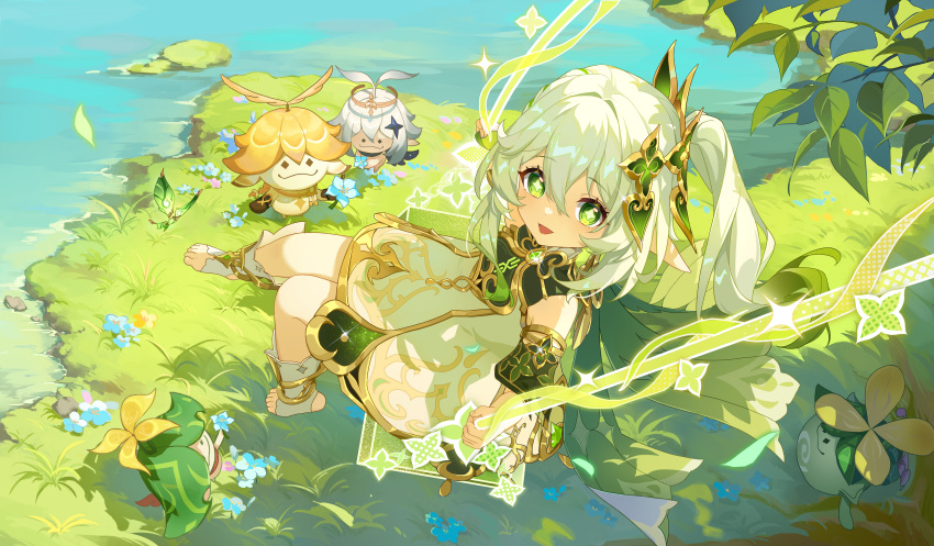 1girl absurdres aranara_(genshin_impact) barefoot chinese_commentary collar commentary_request dress flower-shaped_pupils genshin_impact gold_trim grass green_collar green_eyes highres leaf looking_at_viewer monabianou nahida_(genshin_impact) open_mouth outdoors paimon_(genshin_impact) pointy_ears side_ponytail smile stirrup_footwear swing symbol-shaped_pupils water white_dress white_footwear white_hair