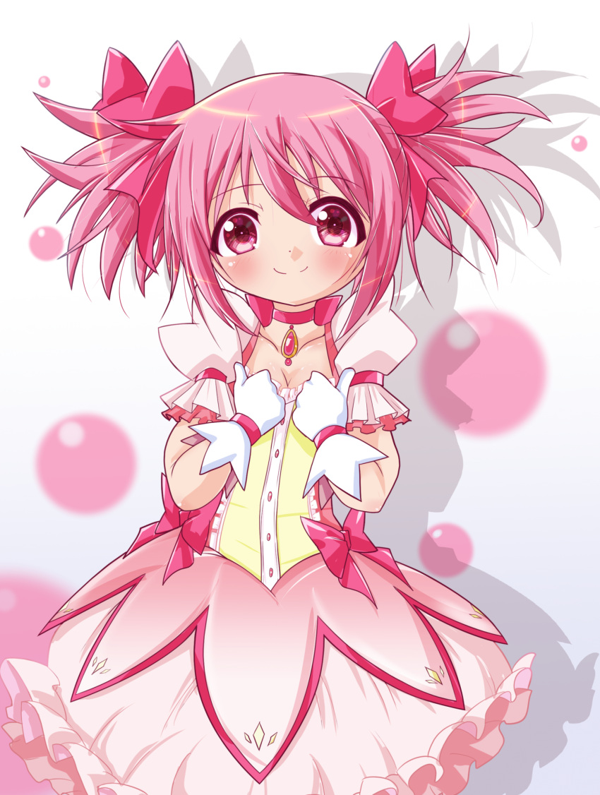 1girl blush bow bubble_skirt choker gloves highres kaname_madoka looking_at_viewer magical_girl mahou_shoujo_madoka_magica mahou_shoujo_madoka_magica_(anime) pink_eyes pink_hair short_hair short_twintails skirt smile solo twintails white_gloves yoppi98ro