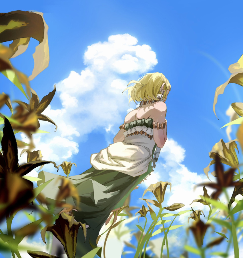 1girl blonde_hair blue_sky clouds cumulonimbus_cloud dress earrings flower from_behind highres jewelry merianaka necklace pointy_ears princess_zelda short_hair sky solo strapless strapless_dress the_legend_of_zelda the_legend_of_zelda:_tears_of_the_kingdom