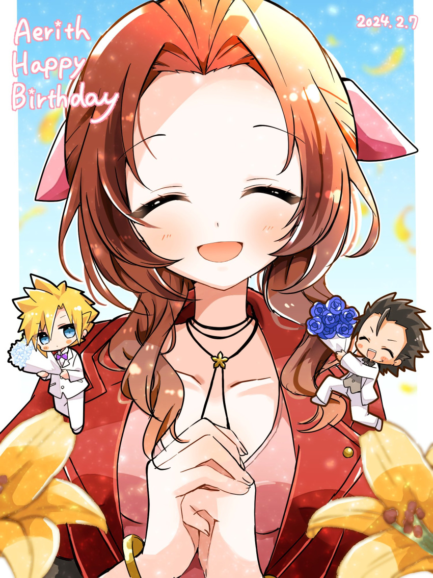 1girl 2boys aerith_gainsborough black_hair blonde_hair blush bouquet bracelet brown_hair chibi chibi_inset choker closed_eyes cloud_strife commentary_request dress final_fantasy final_fantasy_vii final_fantasy_vii_remake flower flower_choker hair_ribbon happy happy_birthday highres holding holding_bouquet jacket jewelry kira0902 long_hair multiple_boys open_mouth own_hands_clasped own_hands_together parted_bangs pink_dress pink_ribbon red_jacket ribbon scar scar_on_cheek scar_on_face sidelocks smile spiky_hair suit white_suit zack_fair