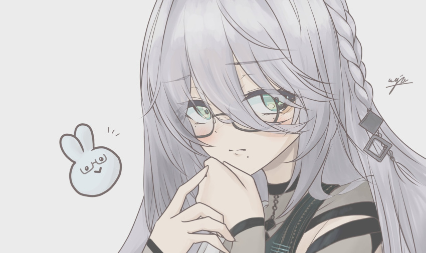 1girl black_shirt blush braid character_request copyright_request frown glasses green_eyes grey_background grey_hair highres long_hair long_sleeves looking_to_the_side mole mole_under_eye mole_under_mouth nervous portrait rabbit shirt solo waju220