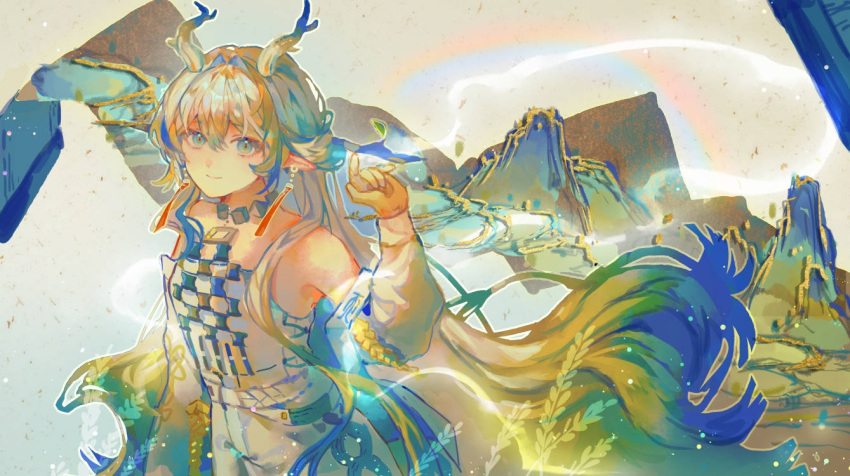 1girl \n/ arknights bare_shoulders blonde_hair blue_eyes blue_hair branch closed_mouth cowboy_shot dragon_girl dragon_horns earrings floating floating_hair grey_hair hair_between_eyes hair_intakes hair_ornament hair_stick hand_up horns jacket jewelry long_hair long_sleeves looking_at_viewer multicolored_hair necklace off_shoulder open_clothes open_jacket pants pointy_ears red_pupils shirt shu_(arknights) sidelocks smile solo strapless strapless_shirt streaked_hair tassel tassel_earrings very_long_hair white_jacket white_pants white_shirt xuegao_tu_ke