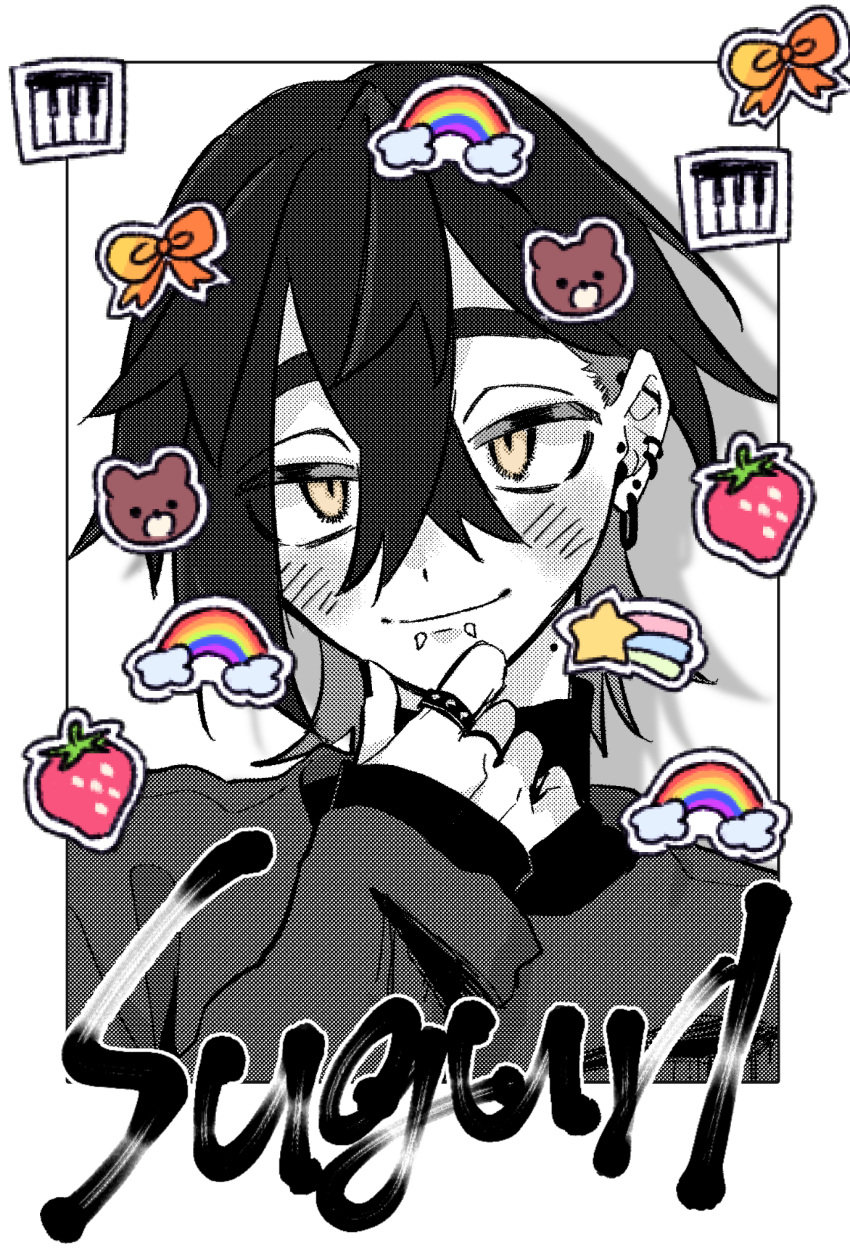 1boy amiri_ari blush character_name chin_piercing crossed_bangs ear_piercing greyscale hair_between_eyes highres jewelry kieran_(pokemon) long_sleeves looking_at_viewer male_focus mole mole_on_neck monochrome multicolored_hair orange_eyes piercing pokemon pokemon_sv ring simple_background sleeves_past_wrists solo spot_color upper_body