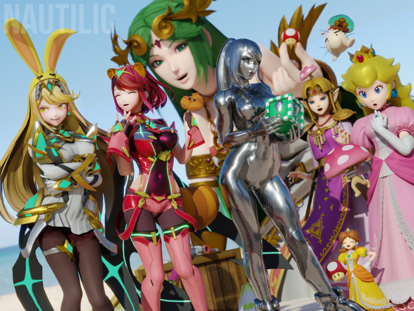 3d 6+girls :d animal_ears artist_name black_pantyhose blonde_hair blue_eyes boots breasts brown_hair bunny_hood_(zelda) circlet clenched_teeth covered_navel crown doseisan dress earrings elbow_gloves embarrassed forehead_jewel giant giantess gloves green_eyes green_hair highres impossible_clothes jewelry kid_icarus kid_icarus_uprising large_breasts laurel_crown long_hair metal_skin metroid metroid_(creature) mini_person minigirl mother_(game) multiple_girls mushroom_on_head mythra_(xenoblade) nautilic open_mouth palutena pantyhose pantyhose_under_shorts pink_dress pointy_ears poison_mushroom_(mario) ponytail princess_daisy princess_peach princess_zelda puffy_short_sleeves puffy_sleeves purple_dress purple_tabard pyra_(xenoblade) raccoon_ears raccoon_tail ramblin'_evil_mushroom redhead samus_aran short_dress short_hair short_shorts short_sleeves shorts smile sphere_earrings super_leaf super_leaf_(transformation) super_mario_bros. super_mushroom super_smash_bros. tabard tail teeth the_legend_of_zelda thigh_boots thigh_strap tiara white_dress xenoblade_chronicles_(series) xenoblade_chronicles_2 yellow_dress yellow_eyes zero_suit
